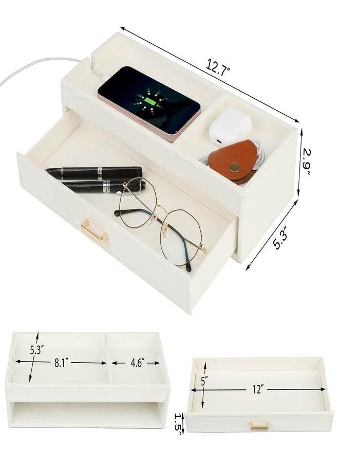 HofferRuffer Valet Jewelry Tray Organizer with Drawer, Faux Leather Storage Catchall Box Phone Charging Station Tray with Dresser Nightstand Desktop Drawer Organizer (White) - Image 3