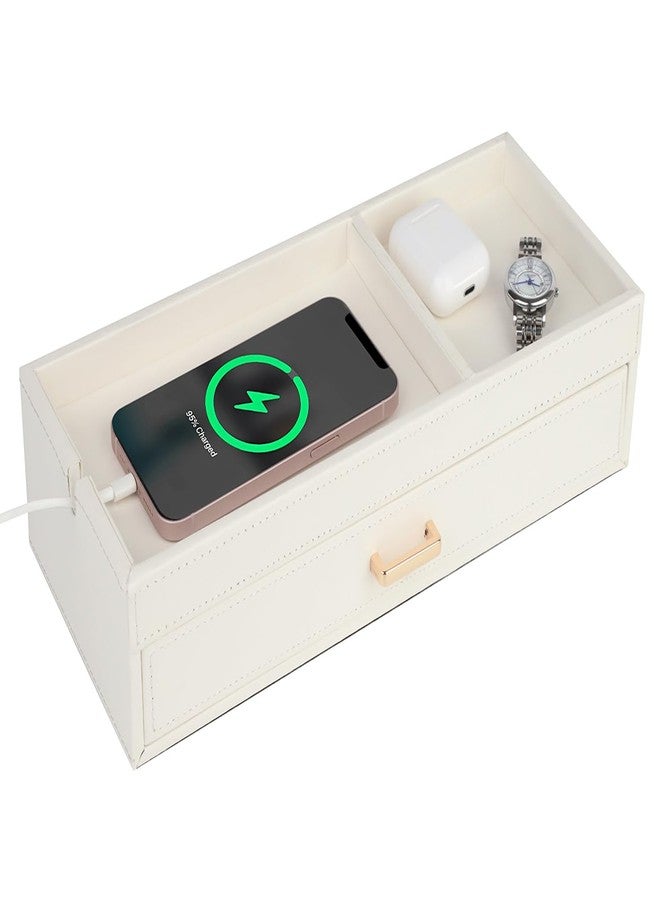 HofferRuffer Valet Jewelry Tray Organizer with Drawer, Faux Leather Storage Catchall Box Phone Charging Station Tray with Dresser Nightstand Desktop Drawer Organizer (White) - Image 2