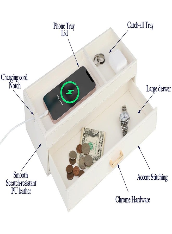 HofferRuffer Valet Jewelry Tray Organizer with Drawer, Faux Leather Storage Catchall Box Phone Charging Station Tray with Dresser Nightstand Desktop Drawer Organizer (White) - Image 4