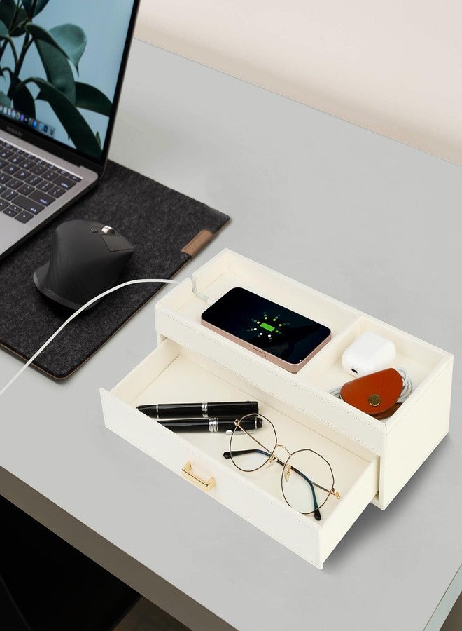 HofferRuffer Valet Jewelry Tray Organizer with Drawer, Faux Leather Storage Catchall Box Phone Charging Station Tray with Dresser Nightstand Desktop Drawer Organizer (White) - Image 5