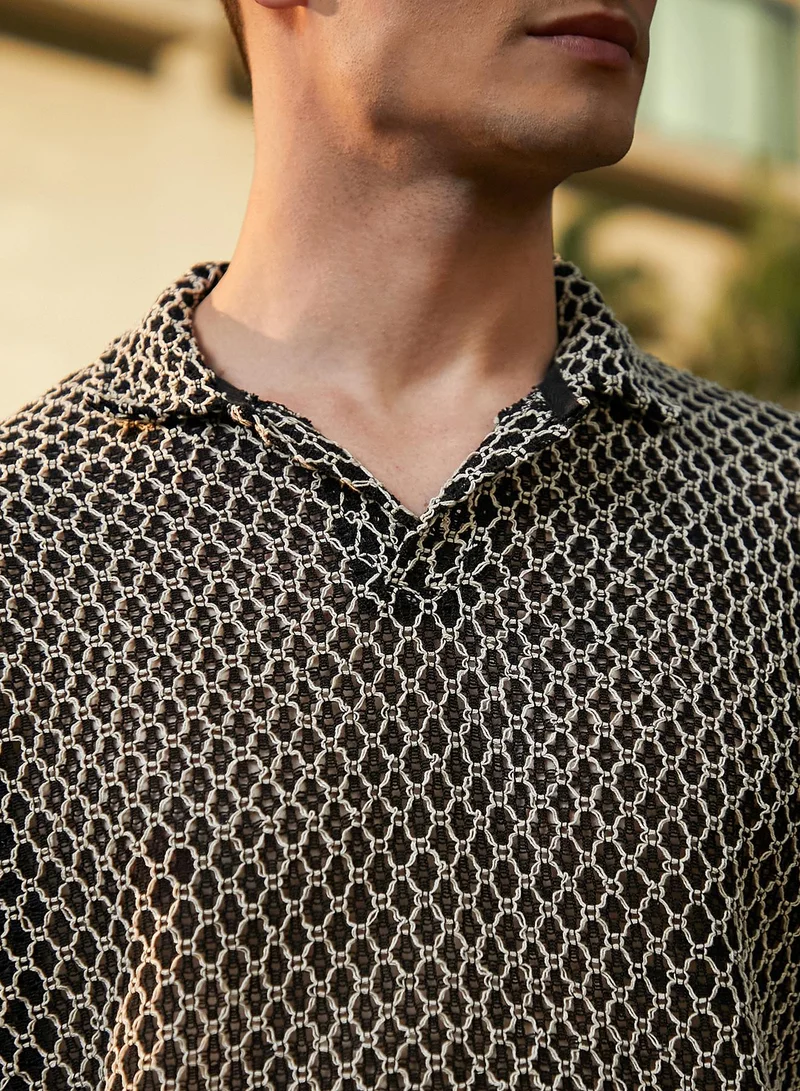 كامبوس سوترا Men's Onyx Black Mesh-Tactile Knit Polo T-Shirt