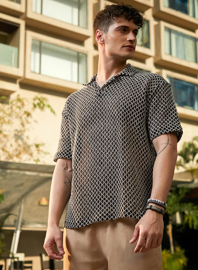 كامبوس سوترا Men's Onyx Black Mesh-Tactile Knit Polo T-Shirt
