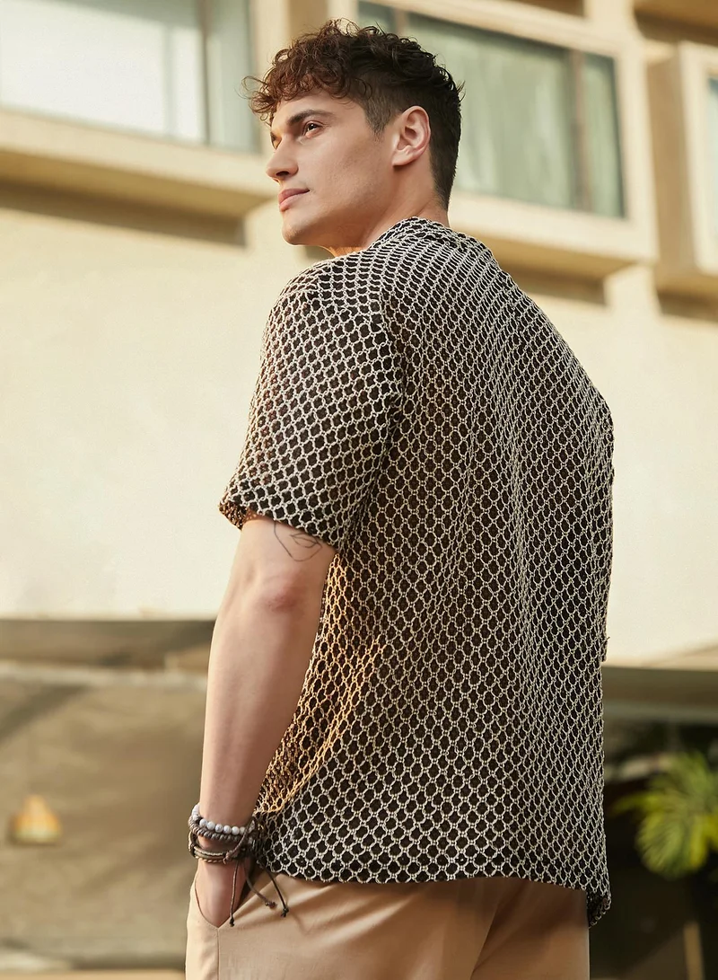 كامبوس سوترا Men's Onyx Black Mesh-Tactile Knit Polo T-Shirt