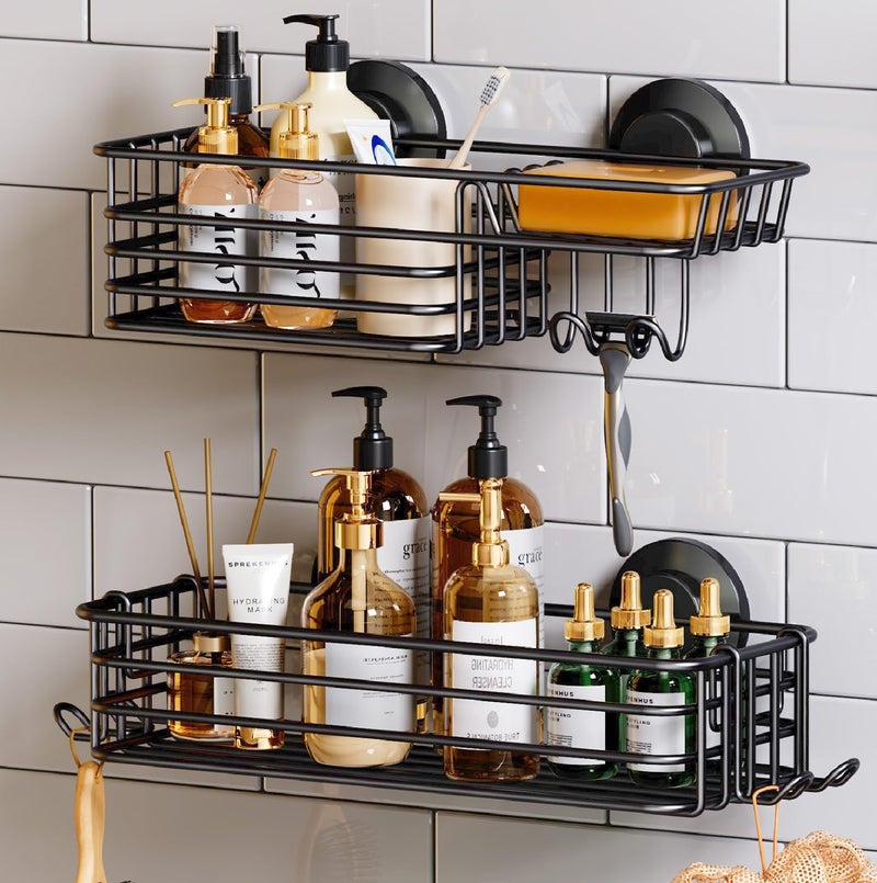 TAILI Shower Caddy Suction Cup 2 Pack with Hooks  Soap holder Heavy Duty Shower Organizer for Bathroom No Drilling Bathroom Organizer with Large Capacity Black Metal Storage Basket