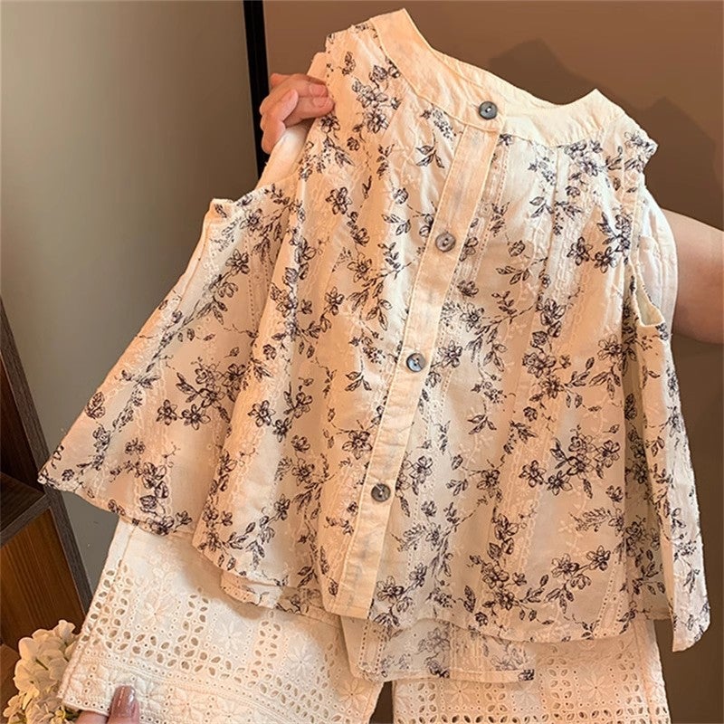 Cream Set 2024 Summer New Elegant Childrens Vest Wide Leg Pants Two-Piece Western Style Girls Clothes 5760-apricot suit