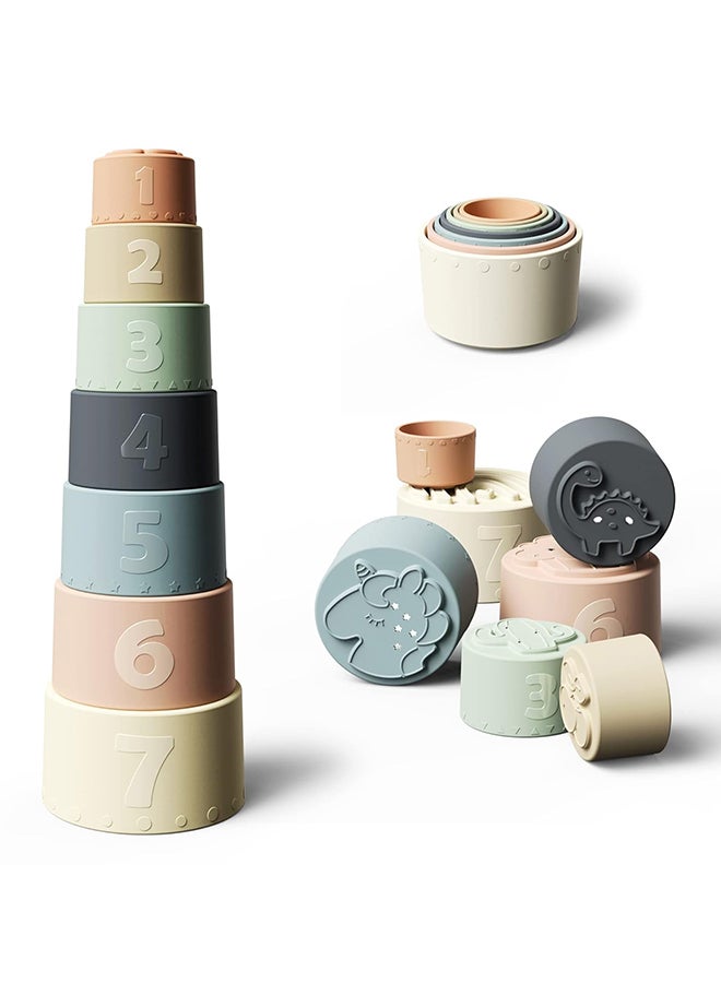 Moonkie أكواب التكديس من Moonkie للأطفال | لعبة تعليمية آمنة من السيليكون الناعم | طقم 7 قطع للتكديس والتسنين | مناسبة من عمر 6 أشهر فما فوق - Image 1