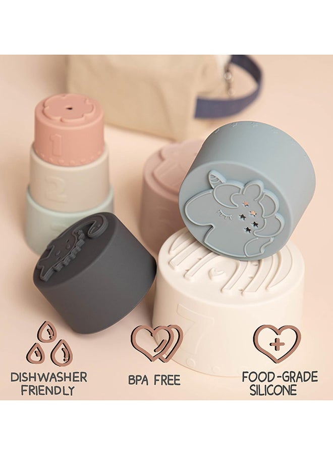 Moonkie أكواب التكديس من Moonkie للأطفال | لعبة تعليمية آمنة من السيليكون الناعم | طقم 7 قطع للتكديس والتسنين | مناسبة من عمر 6 أشهر فما فوق - Image 2