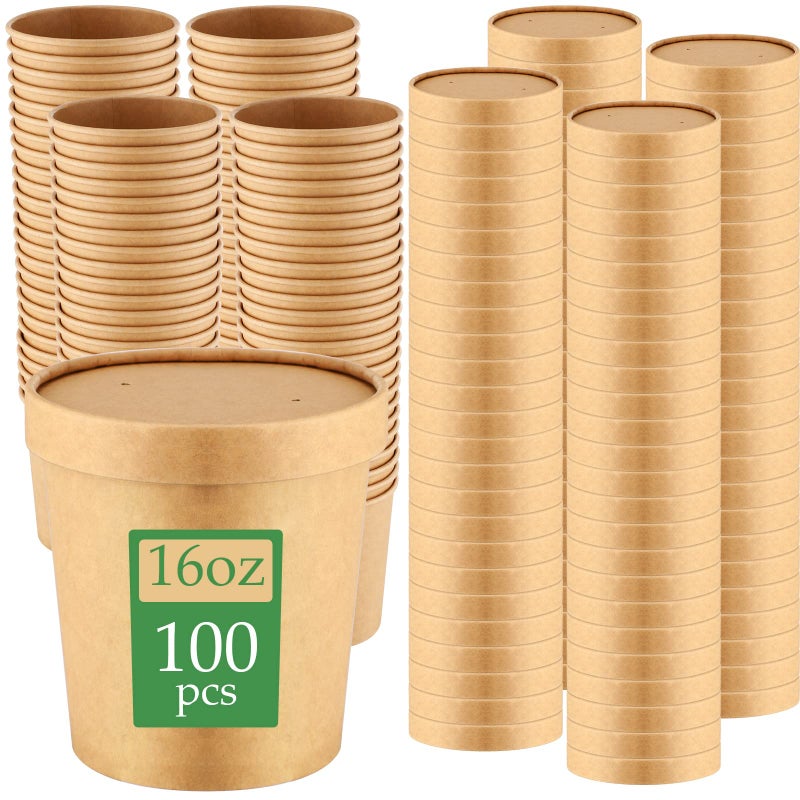 meekoo 100 Pcs Ice Cream Paper Soup Containers with Lids 16oz Disposable Kraft Paper Food Cups Paper Food Storage with Lids Microwavable and Freezer Safe for Valentines Wedding Graduation