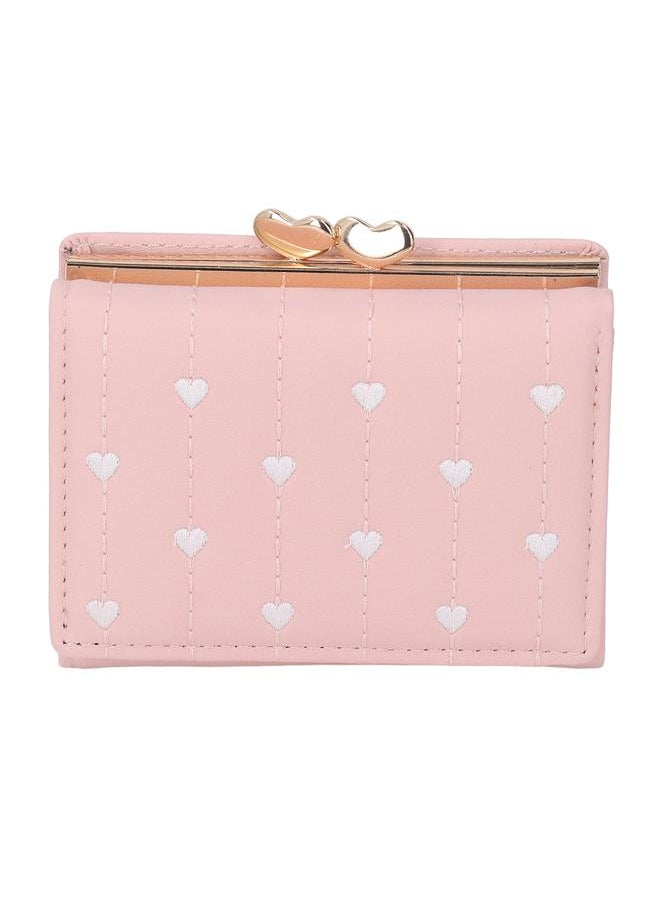 Thoraya - Women Wallet 3 Fold Embroidery Heart Shape Pattern PU Leather Multifunctional Lady Card Coin Purse Pink - Image 1