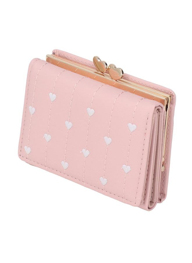 Thoraya - Women Wallet 3 Fold Embroidery Heart Shape Pattern PU Leather Multifunctional Lady Card Coin Purse Pink - Image 1