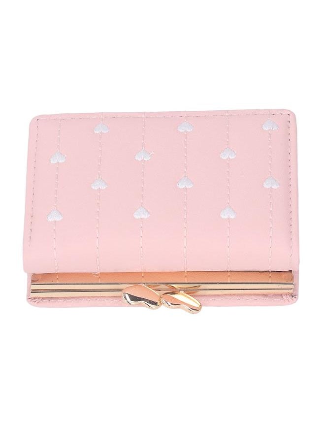 Thoraya - Women Wallet 3 Fold Embroidery Heart Shape Pattern PU Leather Multifunctional Lady Card Coin Purse Pink - Image 1