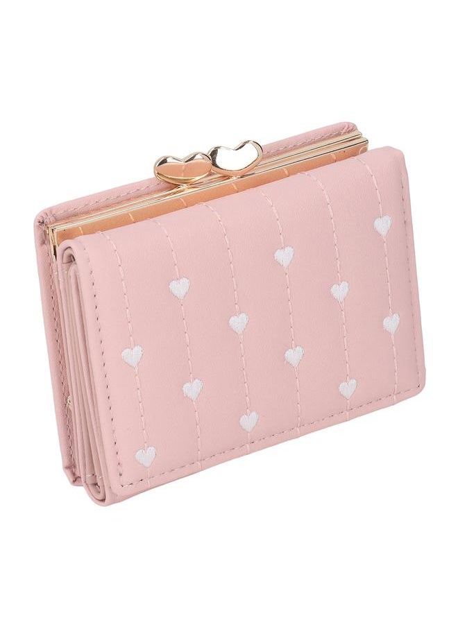 Thoraya - Women Wallet 3 Fold Embroidery Heart Shape Pattern PU Leather Multifunctional Lady Card Coin Purse Pink - Image 1