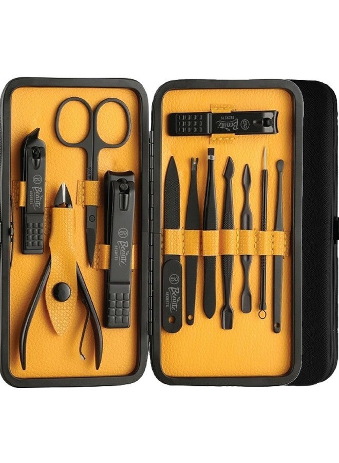 Beaute Secrets Essentials Manicure Set Nail Clippers, Stainless Steel Nail Scissors Grooming Kit, Acne Needle, Blackhead Tool Leather Travel Case (Yellow) - Image 1