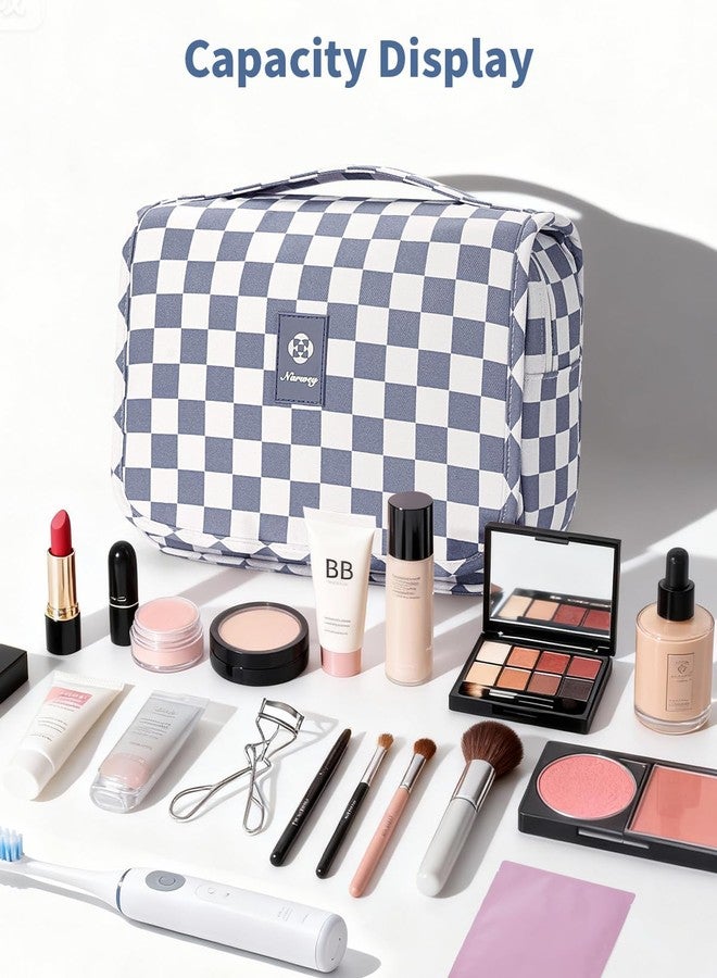 Narwey Small Hanging Travel Toiletry Bag for Traveling Women, Checkered Travel Bag for Toiletries, Makeup Bag Organizer Make Up Cosmetic Bags (Grayish Blue Checkerboard) - Image 5