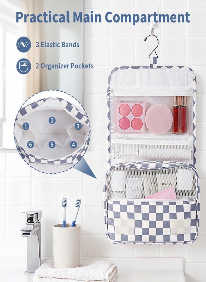 Narwey Small Hanging Travel Toiletry Bag for Traveling Women, Checkered Travel Bag for Toiletries, Makeup Bag Organizer Make Up Cosmetic Bags (Grayish Blue Checkerboard) - Image 3