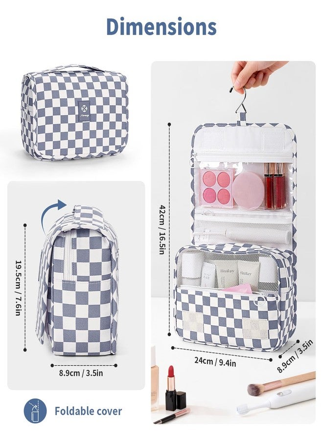 Narwey Small Hanging Travel Toiletry Bag for Traveling Women, Checkered Travel Bag for Toiletries, Makeup Bag Organizer Make Up Cosmetic Bags (Grayish Blue Checkerboard) - Image 2