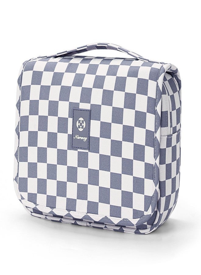 Narwey Small Hanging Travel Toiletry Bag for Traveling Women, Checkered Travel Bag for Toiletries, Makeup Bag Organizer Make Up Cosmetic Bags (Grayish Blue Checkerboard) - Image 1
