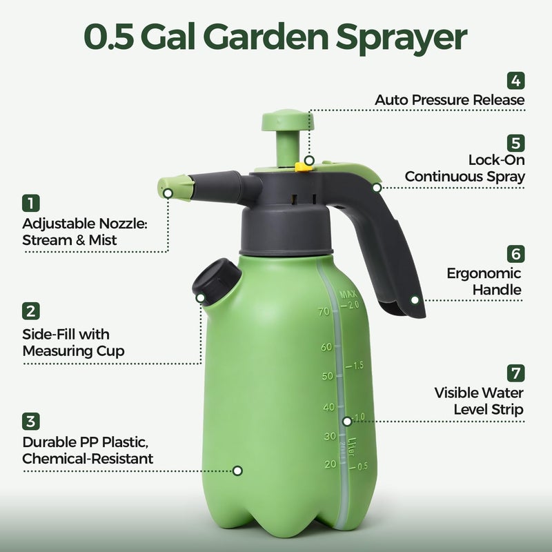 T4U Pump Sprayer 1/2 Gallon, PP Hand Pump Pressure Sprayer for Home Garden Plant Care and Household Cleaning, with Built-in Measuring Cup & Adjustable Nozzle, Suitable for Fertilizers & Common Garden - Image 2