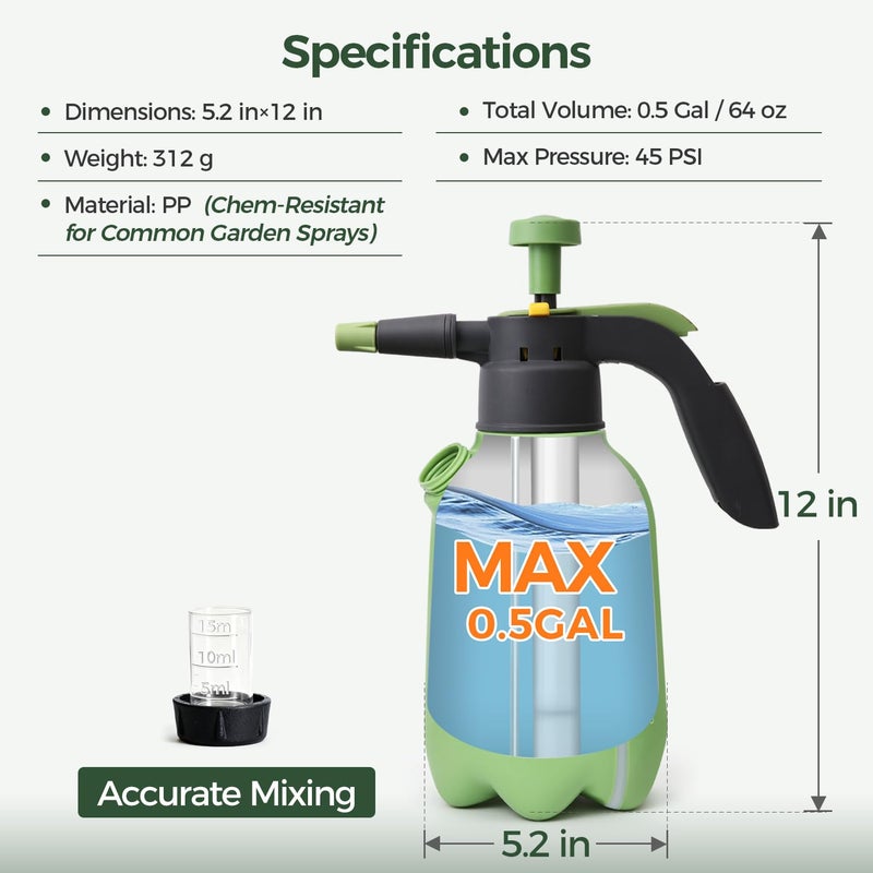 T4U Pump Sprayer 1/2 Gallon, PP Hand Pump Pressure Sprayer for Home Garden Plant Care and Household Cleaning, with Built-in Measuring Cup & Adjustable Nozzle, Suitable for Fertilizers & Common Garden - Image 3