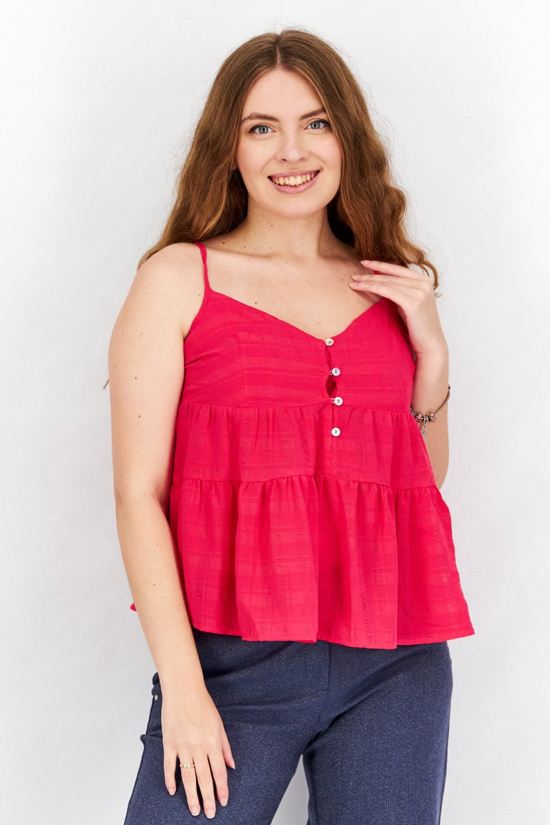 French Connection Women V-Neck Sleeveless Textured Cami Top, Pink - Image 1