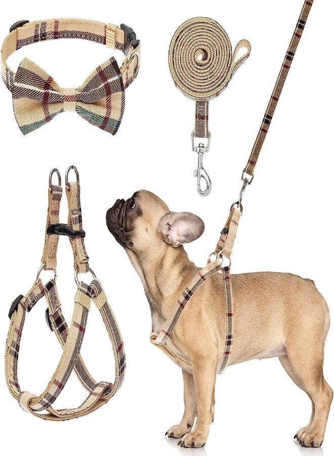 BINGPET Dog Harness Collar Leash Set,Adjustable No Pull Escape Proof Small Dog Harness,Classic Plaid Puppy Harness and Leash Set for Small Medium Large Dogs Training Easy Walk Running(Beige,M) - Image 1