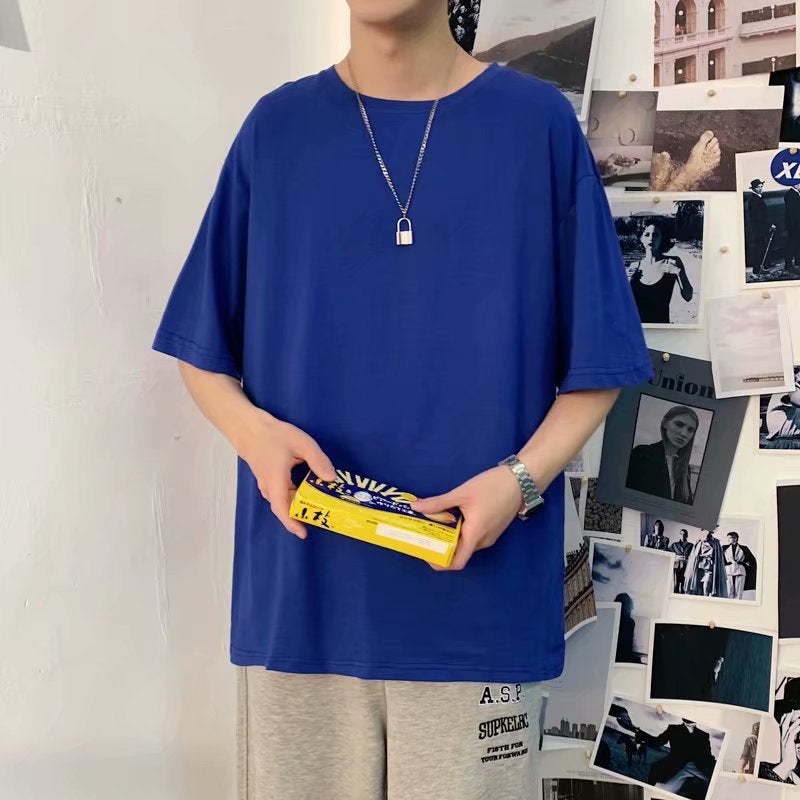 Summer Short-sleeved T-shirt Men's Korean-style Fashionable plus size Half-sleeved Hong Kong-style Loose Light Plate Round Neck Solid Color Base Shirt 6 - Image 1