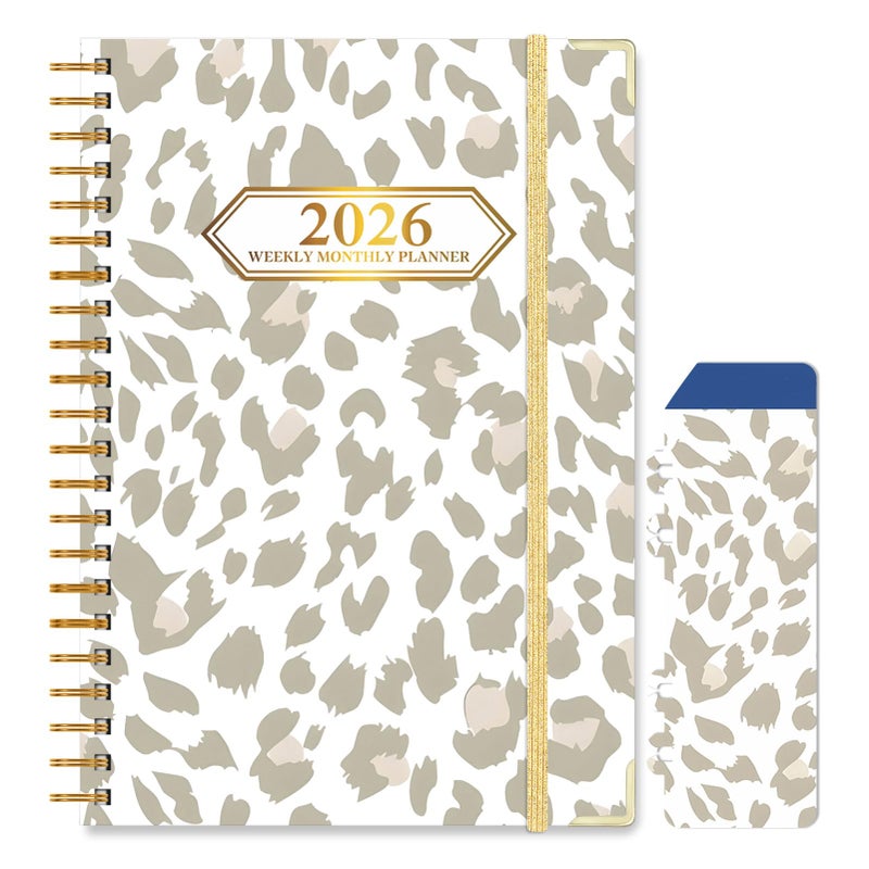 Knagsfa 2026 Planner, Jan.2026 - Dec.2026 Planner Weekly and Monthly 6.25"x8.5" with with Page Tabs, Calendar Hardcover with Inner Pocket, Elastic Band, Twin-Wire Binding, Bookmark, Gray Pink Leopard - Image 1