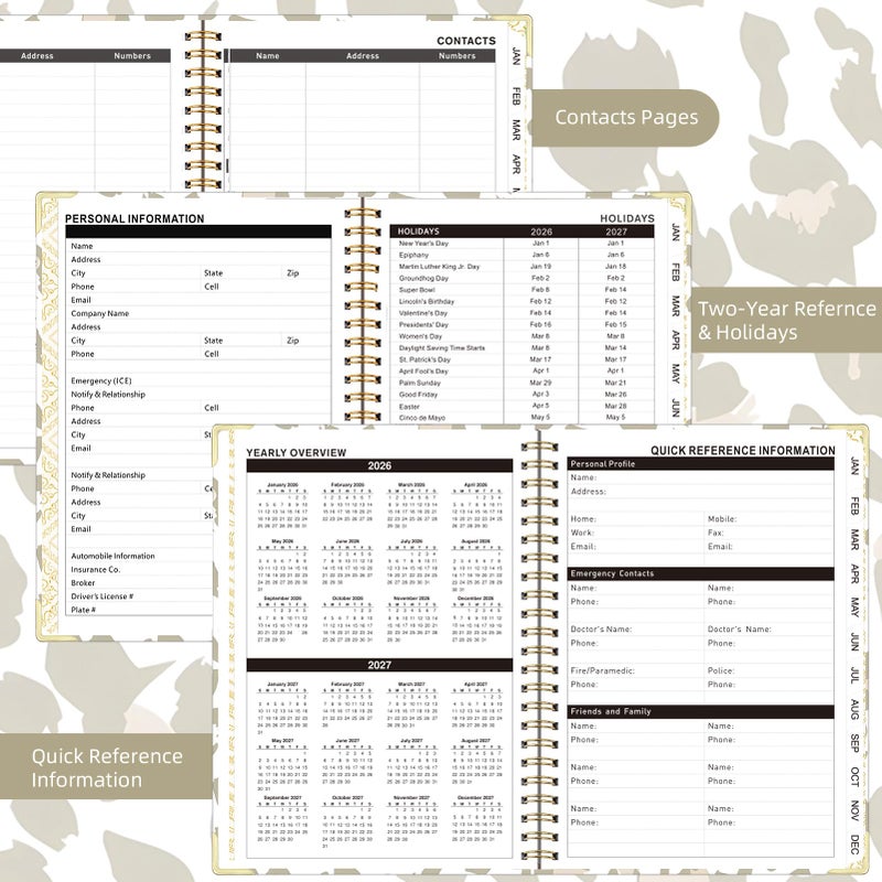 Knagsfa 2026 Planner, Jan.2026 - Dec.2026 Planner Weekly and Monthly 6.25"x8.5" with with Page Tabs, Calendar Hardcover with Inner Pocket, Elastic Band, Twin-Wire Binding, Bookmark, Gray Pink Leopard - Image 5