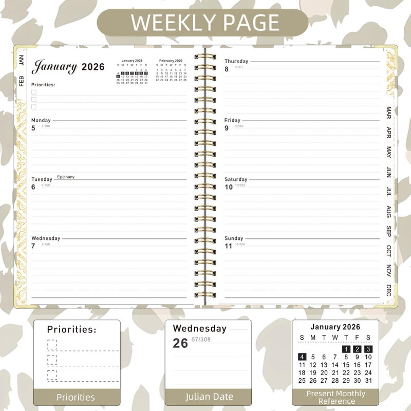 Knagsfa 2026 Planner, Jan.2026 - Dec.2026 Planner Weekly and Monthly 6.25"x8.5" with with Page Tabs, Calendar Hardcover with Inner Pocket, Elastic Band, Twin-Wire Binding, Bookmark, Gray Pink Leopard - Image 4