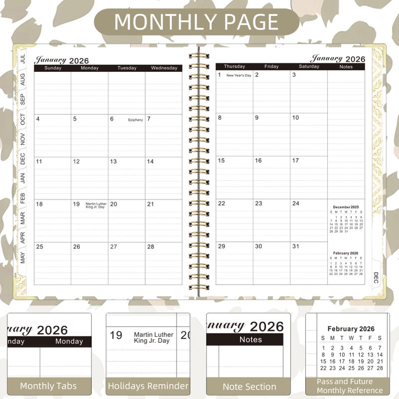 Knagsfa 2026 Planner, Jan.2026 - Dec.2026 Planner Weekly and Monthly 6.25"x8.5" with with Page Tabs, Calendar Hardcover with Inner Pocket, Elastic Band, Twin-Wire Binding, Bookmark, Gray Pink Leopard - Image 3