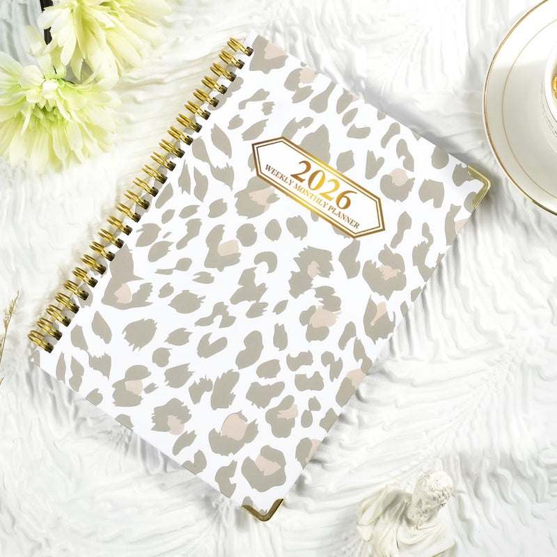 Knagsfa 2026 Planner, Jan.2026 - Dec.2026 Planner Weekly and Monthly 6.25"x8.5" with with Page Tabs, Calendar Hardcover with Inner Pocket, Elastic Band, Twin-Wire Binding, Bookmark, Gray Pink Leopard - Image 2