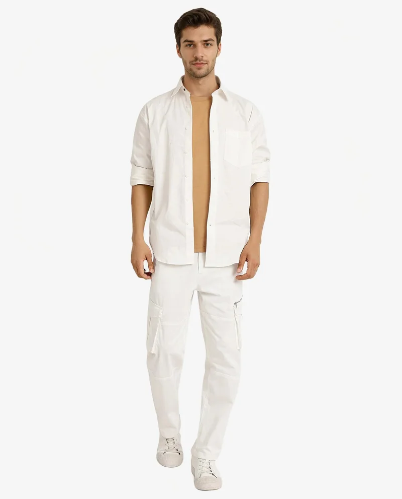 Rare Rabbit Rare Rabbit Men's Crofty White Cotton Lycra Fabric Full Sleeves Collared Neck Regular Fit Plain Shirt
