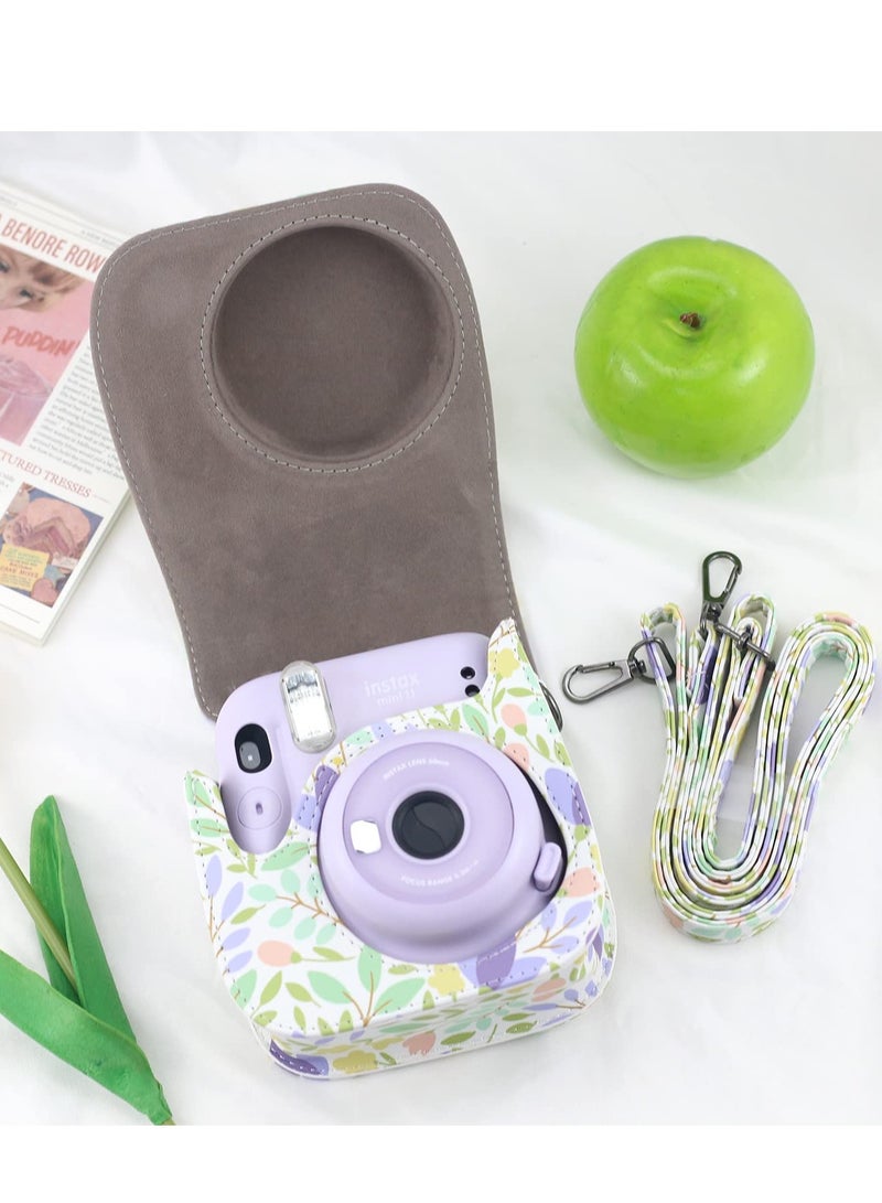 Camera Bag Compatible with Fujifilm Instax Mini 11 Instant Camera Protective Bag Vintage Floral Pu Leather Camera Organizer with Shoulder Strap Purple Floral Camera Bag - Image 5