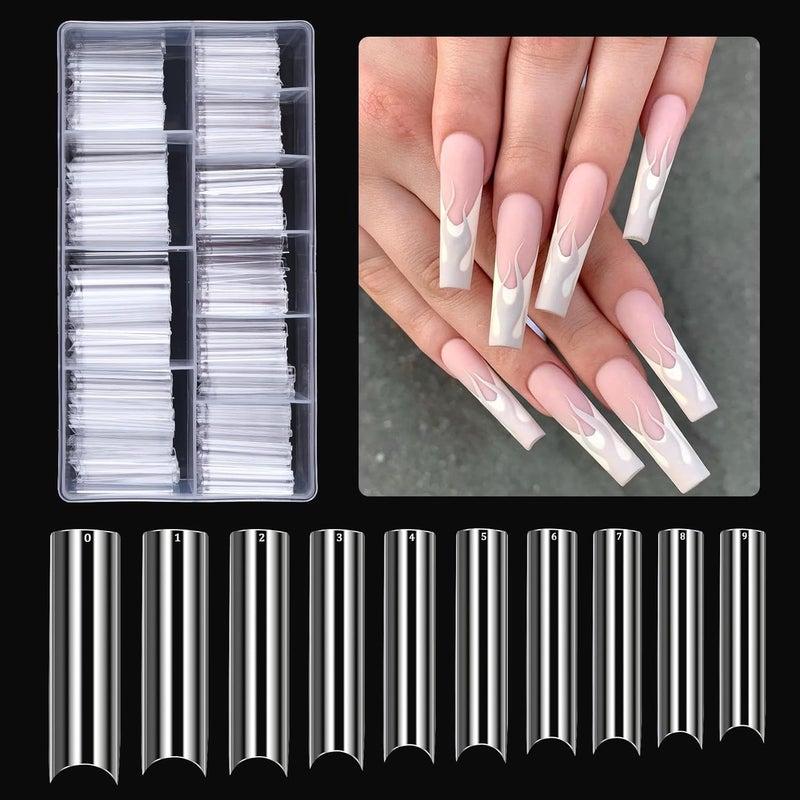 BQAN 500PCS Extra Long Nail Tips with Box 10 Sizes XXL C Curve Half Cover Clear Fake Nails for Acrylic DIY Salon Use