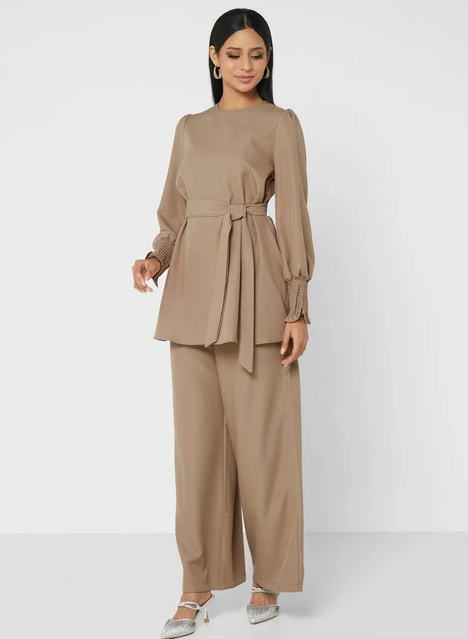 Refka by modanisa Puff Sleeve Ruched Tie Detail Top& Pants Set