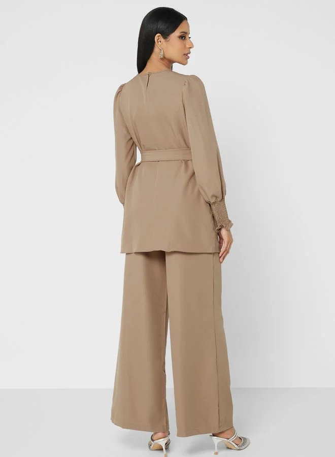 Refka by modanisa Puff Sleeve Ruched Tie Detail Top& Pants Set