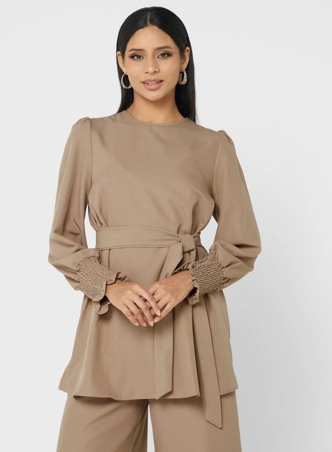 Refka by modanisa Puff Sleeve Ruched Tie Detail Top& Pants Set