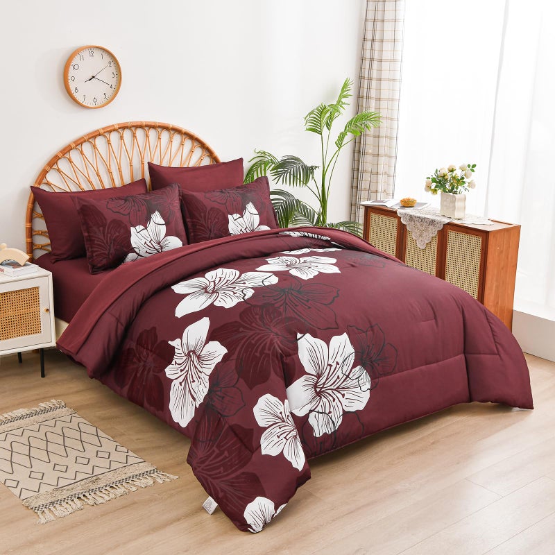 Luxudecor 7 Pieces King Size Comforter Set  Burgundy Floral Bed in a Bag Comforter and Sheet Set  Soft Microfiber Lightweight Bedding Set for All Season 104""?90"" - Image 2