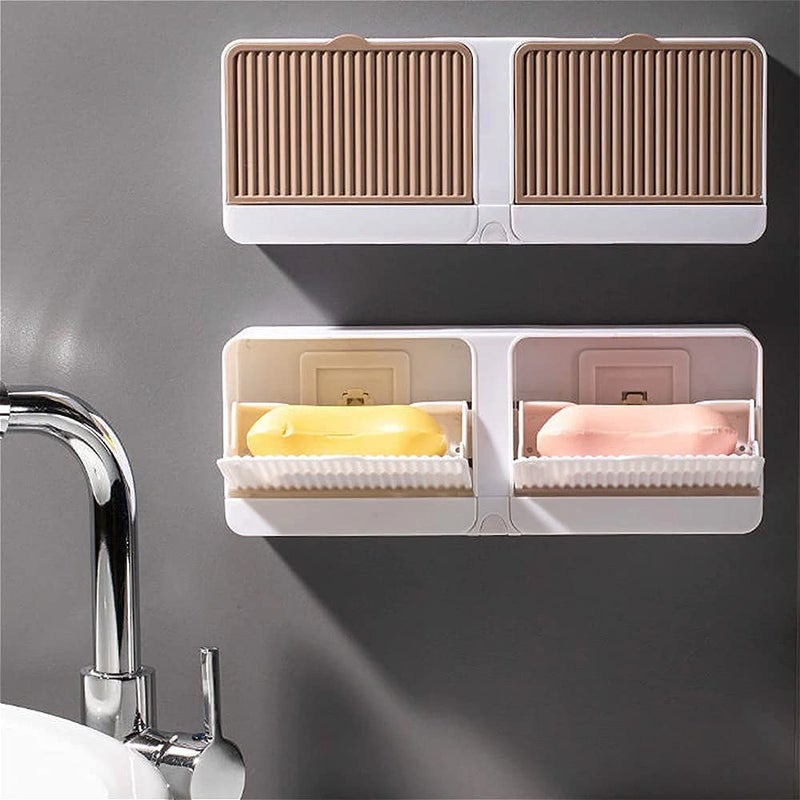 PERPART Soap Box - No-Drilling Wall Mounted Soap Box with Lid Double Grids Soap Draining Rack Bathroom Soap Holder Double Grid-Asphalt Toilet Laundry Soap Box with Double Soap Holder & Drain Tray - Image 5