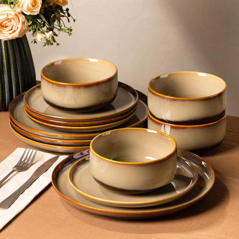 TheTerra Ceramic Dinnerware Sets for 4, 12 Pieces Handmade Reactive Glaze Plates and Bowls Set, Scratch Resistant Dish Set, Oven & Microwave & Dishwasher Safe, Creamy Amber - Image 1