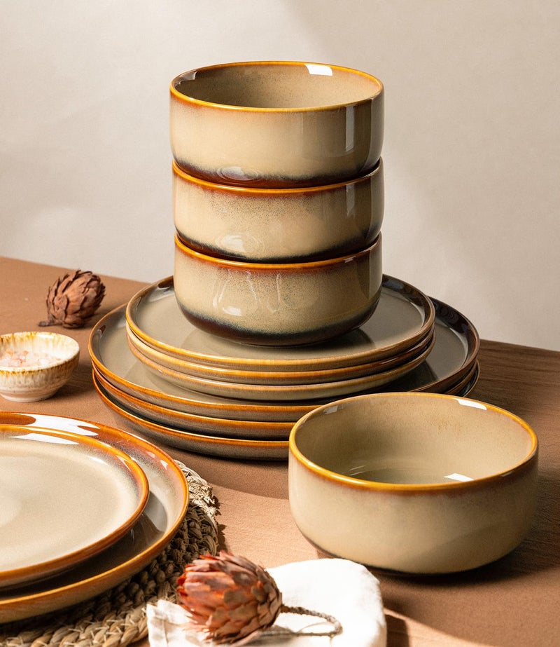 TheTerra Ceramic Dinnerware Sets for 4, 12 Pieces Handmade Reactive Glaze Plates and Bowls Set, Scratch Resistant Dish Set, Oven & Microwave & Dishwasher Safe, Creamy Amber - Image 5