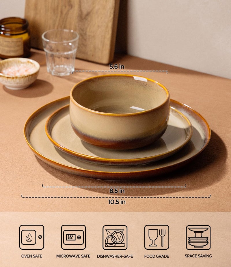 TheTerra Ceramic Dinnerware Sets for 4, 12 Pieces Handmade Reactive Glaze Plates and Bowls Set, Scratch Resistant Dish Set, Oven & Microwave & Dishwasher Safe, Creamy Amber - Image 2