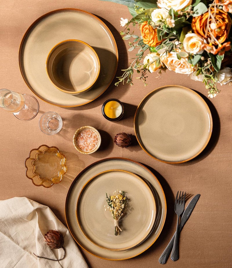TheTerra Ceramic Dinnerware Sets for 4, 12 Pieces Handmade Reactive Glaze Plates and Bowls Set, Scratch Resistant Dish Set, Oven & Microwave & Dishwasher Safe, Creamy Amber - Image 3