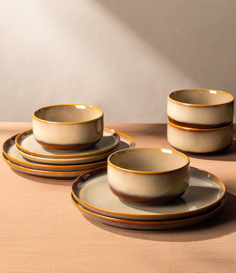 TheTerra Ceramic Dinnerware Sets for 4, 12 Pieces Handmade Reactive Glaze Plates and Bowls Set, Scratch Resistant Dish Set, Oven & Microwave & Dishwasher Safe, Creamy Amber - Image 4