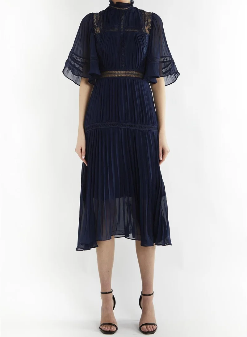 Ellie Navy Lace Pleated High Neck Flared Sleeve Midi Dress