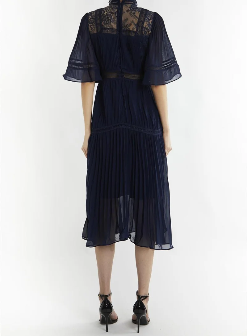 True Decadence Ellie Navy Lace Pleated High Neck Flared Sleeve Midi Dress