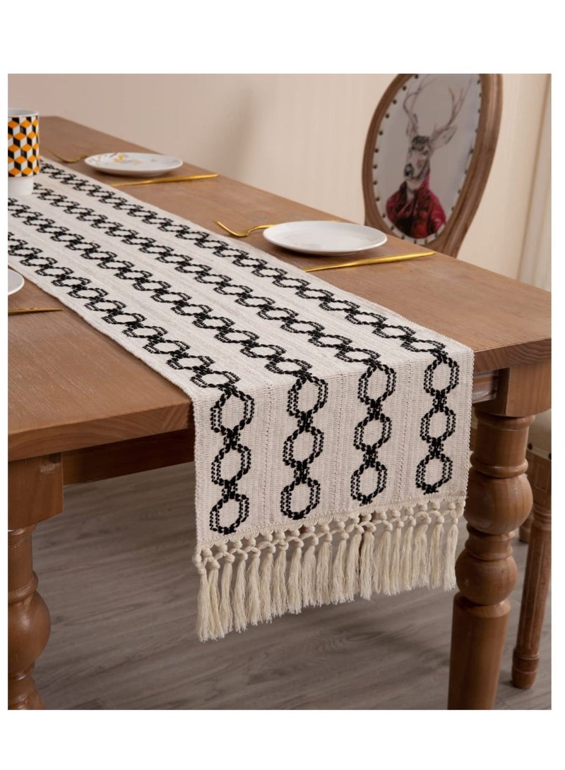 Y&D Farmhouse Table Runners 72 Inches Long Braided Stripe Boho Design,Black and White with Tassels - Perfect for Dining, Coffee, End Tables (13x72)  - Image 1