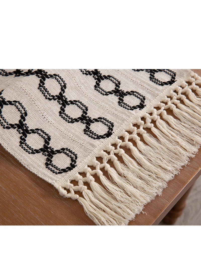 Y&D Farmhouse Table Runners 72 Inches Long Braided Stripe Boho Design,Black and White with Tassels - Perfect for Dining, Coffee, End Tables (13x72)  - Image 3