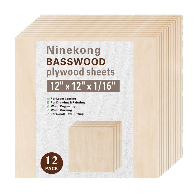 Ninekong 12 Pack Basswood Sheets 1/16 inch,12"x12"x1/16 Plywood Sheets,1.5mm Basswood for Laser Cutting,Laser Engraving Blanks,Thin Natural Unfinished Wood for Crafts,Wood Burning,Scroll Saw Cutting - Image 1