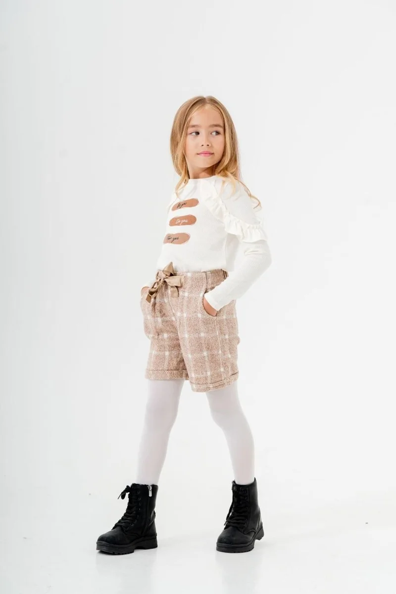 مينيمن جيجيليري My Little Ones Ruffle Detail Plaid Shorts Girl 3-Piece Outfit - Brown